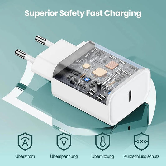 Mandotos International PD 40W fast charger for iPhone 13 Pro Max and iPad Air with USB-C Type C data line.