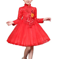 Peacock princess embroidered cheongsam dress for girls ages 3-10, featuring intricate embroidery and vibrant colors by MANDOTOS INTERNATIONAL.