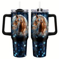 Personalized 40oz stainless steel travel coffee mug with handle by MANDOTOS INTERNATIONAL, shown with a sleek design and secure lid.