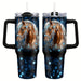 Personalized 40oz stainless steel travel coffee mug with handle by MANDOTOS INTERNATIONAL, shown with a sleek design and secure lid.