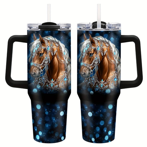 Personalized 40oz stainless steel travel coffee mug with handle by MANDOTOS INTERNATIONAL, shown with a sleek design and secure lid.