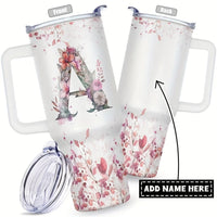 Personalized 40oz stainless steel travel coffee mug with handle by MANDOTOS INTERNATIONAL, showcasing a sleek, durable design.