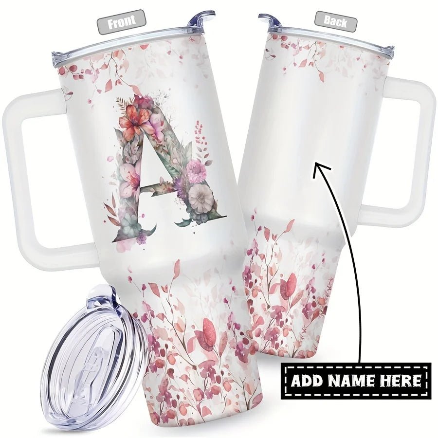 Personalized 40oz stainless steel travel coffee mug with handle by MANDOTOS INTERNATIONAL, showcasing a sleek, durable design.