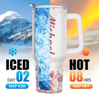 Personalized 40oz stainless steel travel coffee mug with handle by MANDOTOS INTERNATIONAL, featuring a sleek design and secure lid.
