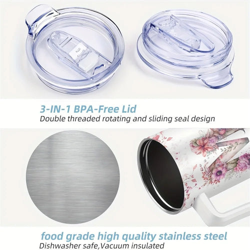 Personalized 40oz stainless steel travel coffee mug with handle by MANDOTOS INTERNATIONAL, showing sleek design and sturdy handle.