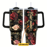 Personalized 40oz stainless steel travel coffee mug with handle by MANDOTOS INTERNATIONAL, featuring a sleek design and secure lid.