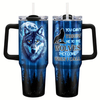Personalized 40oz stainless steel travel coffee mug with handle by MANDOTOS INTERNATIONAL, featuring a sleek design and spill-resistant lid.