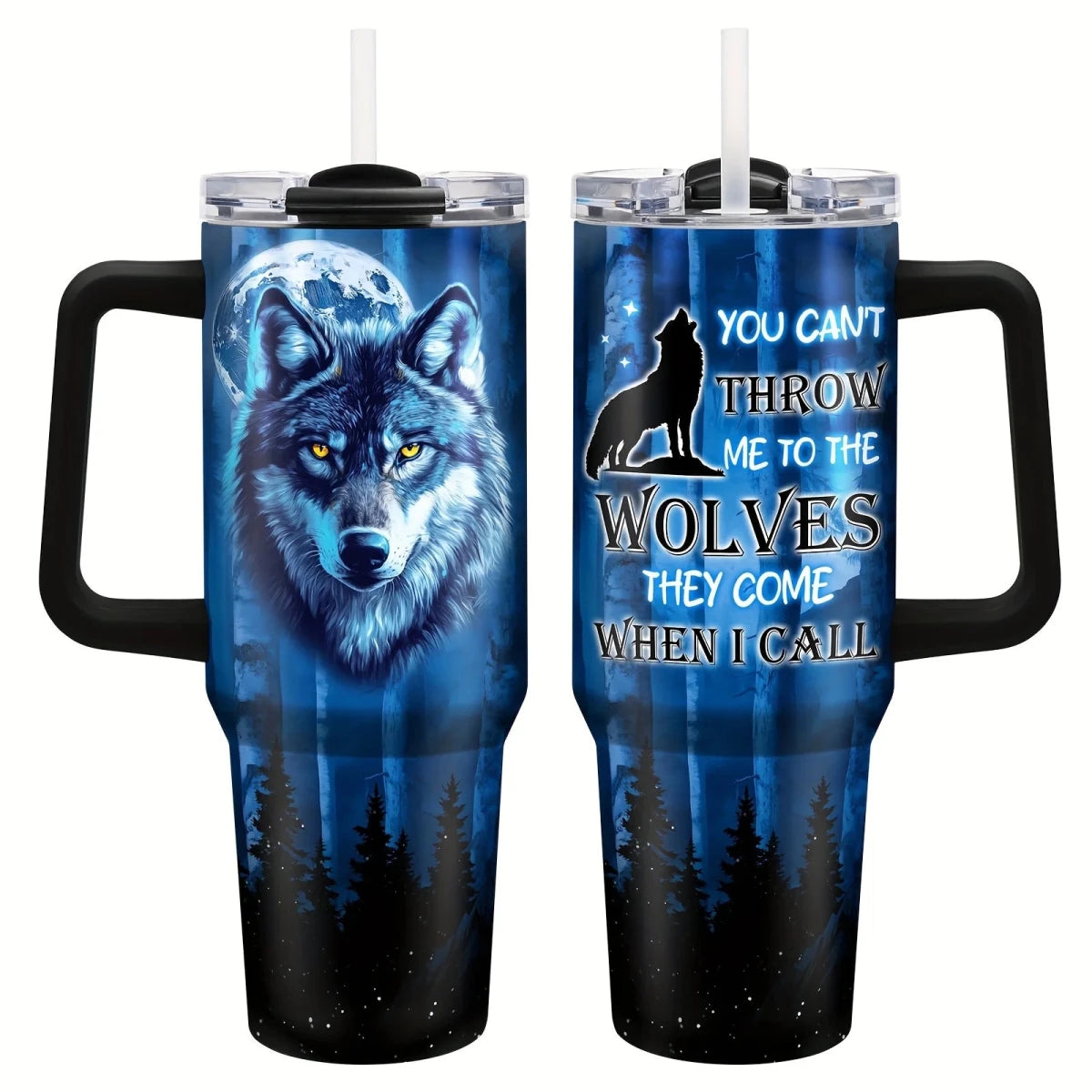 Personalized 40oz stainless steel travel coffee mug with handle by MANDOTOS INTERNATIONAL, featuring a sleek design and spill-resistant lid.