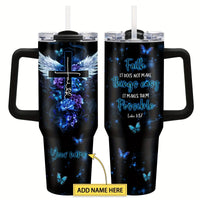 Personalized 40oz stainless steel travel coffee mug with handle by MANDOTOS INTERNATIONAL, featuring a sleek design and secure lid.
