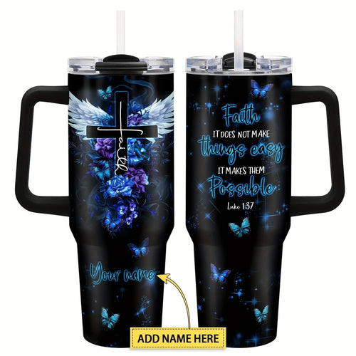 Personalized 40oz stainless steel travel coffee mug with handle by MANDOTOS INTERNATIONAL, featuring a sleek design and secure lid.