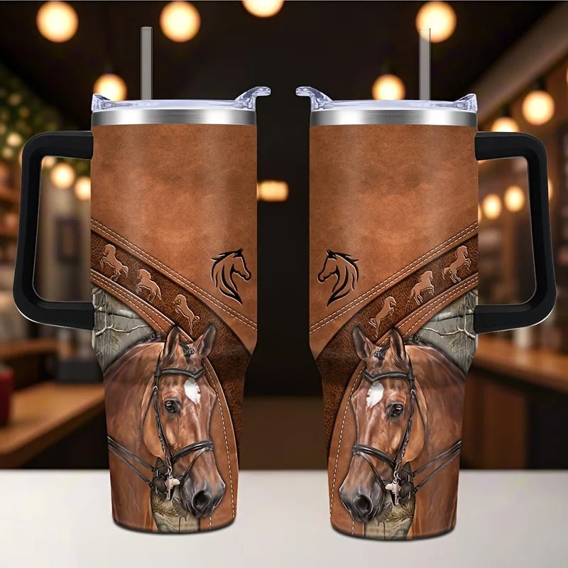 Personalized 40oz stainless steel travel coffee mug with handle by MANDOTOS INTERNATIONAL, shown with a sleek design and secure lid.
