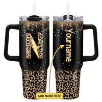 Personalized 40oz steel vacuum tumbler with handle by MANDOTOS INTERNATIONAL, showing a sleek stainless steel design with personalized engraving.