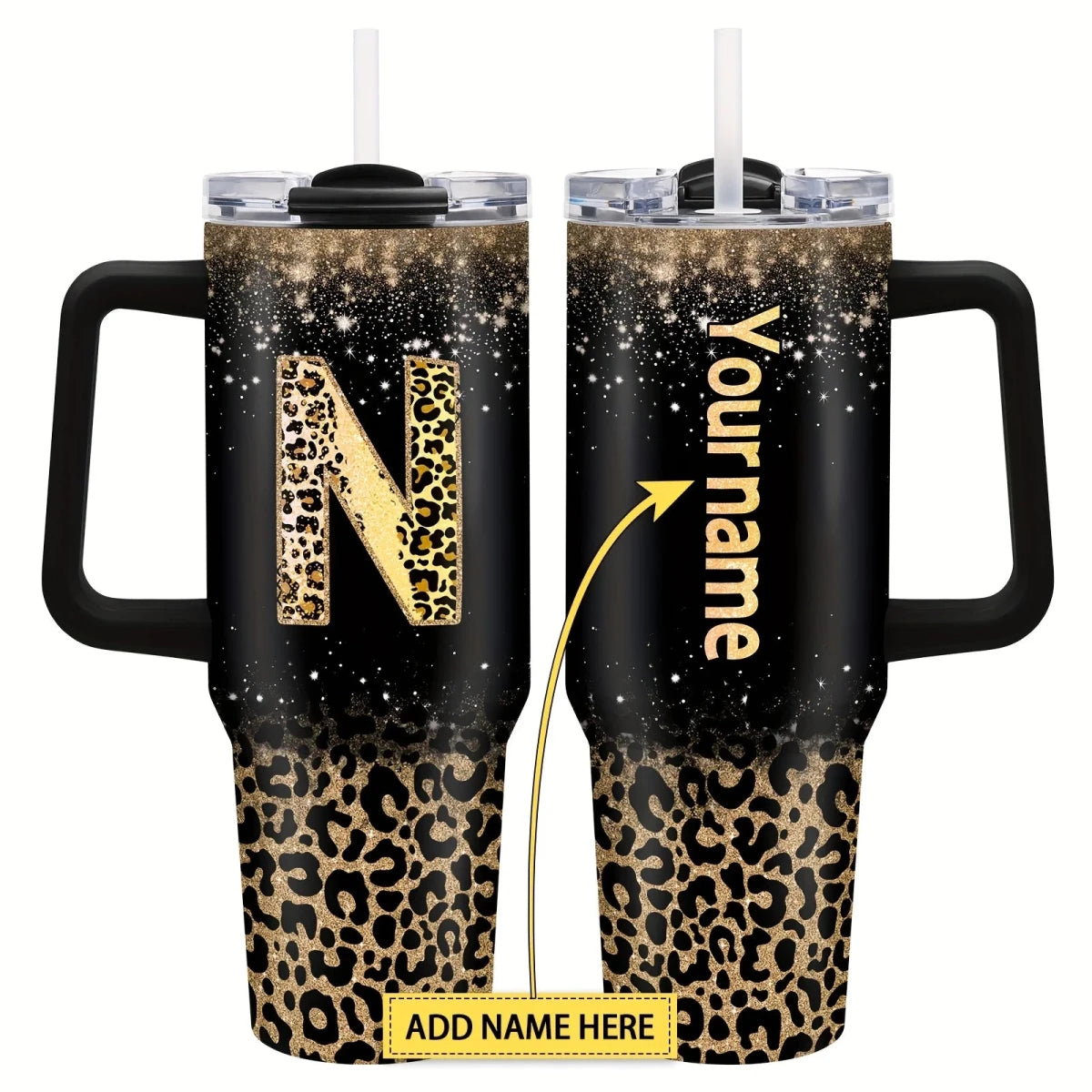 Personalized 40oz steel vacuum tumbler with handle by MANDOTOS INTERNATIONAL, showing a sleek stainless steel design with personalized engraving.