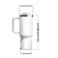 Personalized 40oz steel vacuum tumbler with handle by MANDOTOS INTERNATIONAL, showing the stainless steel body and ergonomic handle.