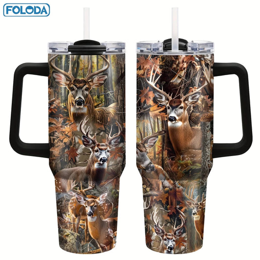 Personalized 40oz steel vacuum tumbler with handle by MANDOTOS INTERNATIONAL, featuring a sleek, durable design for hot and cold drinks.