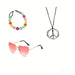 Pesenar 60s hippie costume accessory set includes flower headband, pink heart sunglasses, and peace sign necklace.