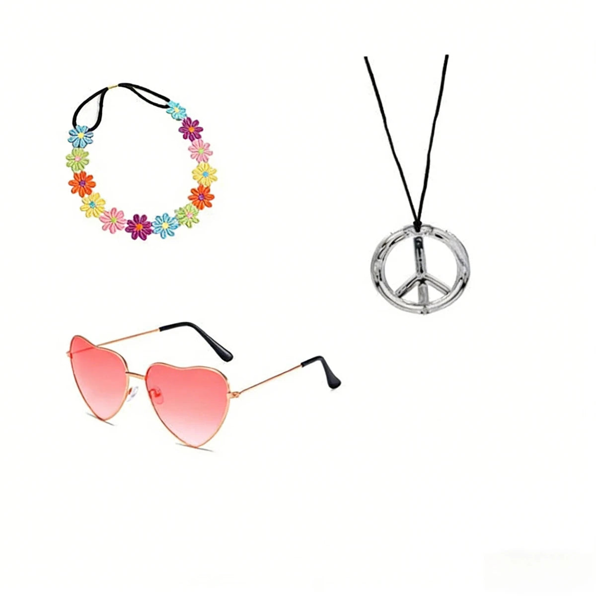 Pesenar 60s hippie costume accessory set includes flower headband, pink heart sunglasses, and peace sign necklace.