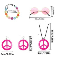 Mandotos International PESENAR 60s Hippie costume accessory set with flower headband, pink sunglasses, and peace sign jewelry.