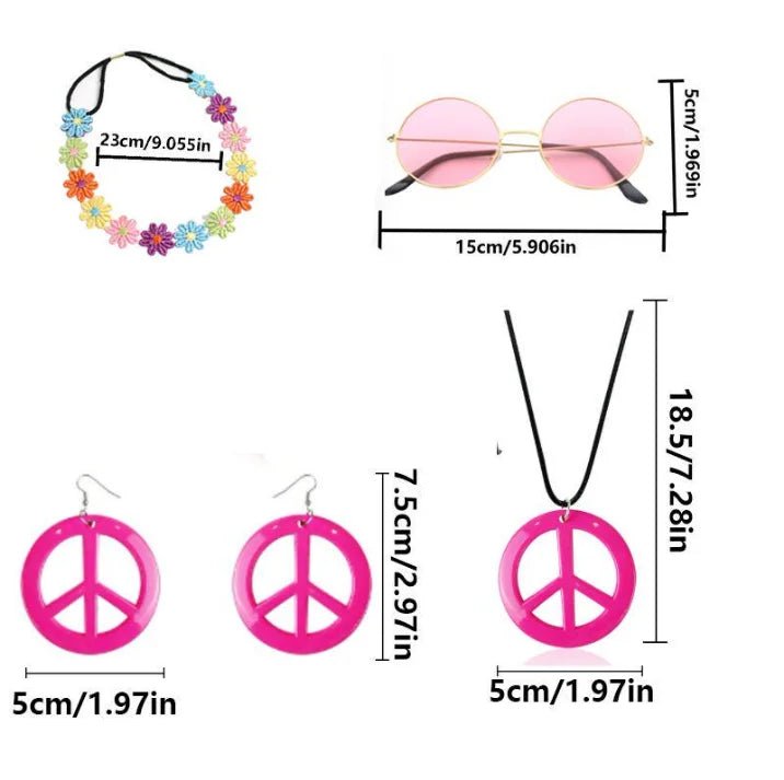 Mandotos International PESENAR 60s Hippie costume accessory set with flower headband, pink sunglasses, and peace sign jewelry.