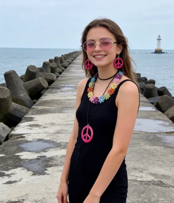 PESENAR 60s hippie costume accessory set with flower headband, pink sunglasses, and peace sign jewelry by MANDOTOS INTERNATIONAL