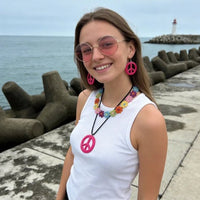 Pesenar 60s Hippie costume accessory set with flower headband, pink sunglasses, and peace sign jewelry, by Mandotos International