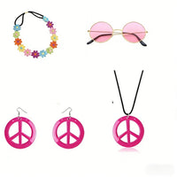 Pesenar 60s hippie costume accessory set with flower headband, pink sunglasses, and peace sign jewelry by Mandotos International