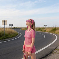 Mandotos International PESENAR 80s neon pink mesh costume accessory set with leg warmers, sunglasses, and earrings.