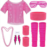 Mandotos International PESENAR 80s neon pink mesh costume accessory set with leg warmers, sunglasses, and earrings.