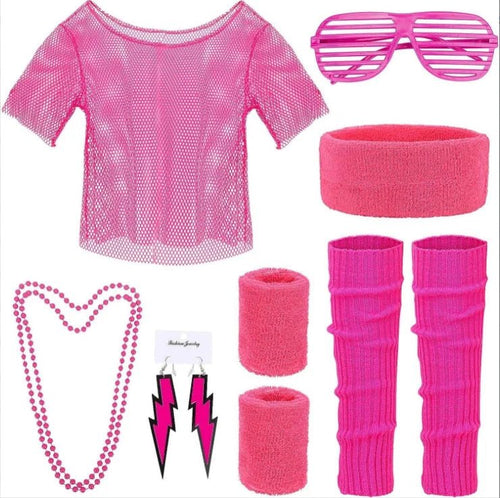 Mandotos International PESENAR 80s neon pink mesh costume accessory set with leg warmers, sunglasses, and earrings.