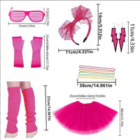 Mandotos International PESENAR 80s neon pink tutu costume accessory set with headband, leg warmers, and sunglasses.