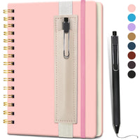 Pink girls' A5 travel leather spiral notebook with pen holder and pen, ideal for writing and note-taking by MANDOTOS INTERNATIONAL.