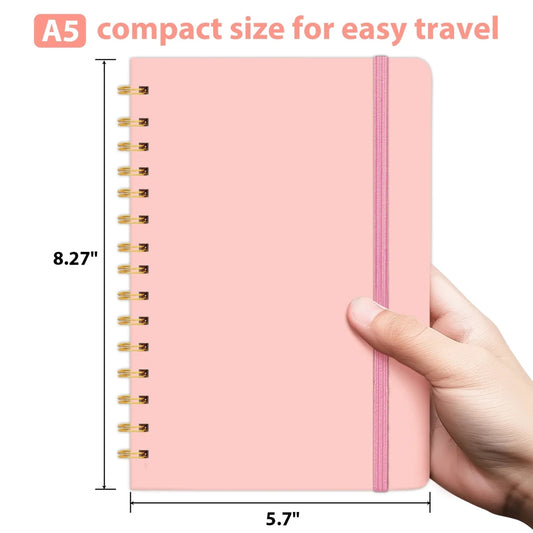 Pink girls' A5 travel leather spiral notebook with pen holder and pen for writing, by MANDOTOS INTERNATIONAL
