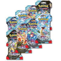 Eight booster packs of Pokémon TCG Scarlet & Violet Crown Quest by Mandotos International, featuring colorful Pokémon card artwork.
