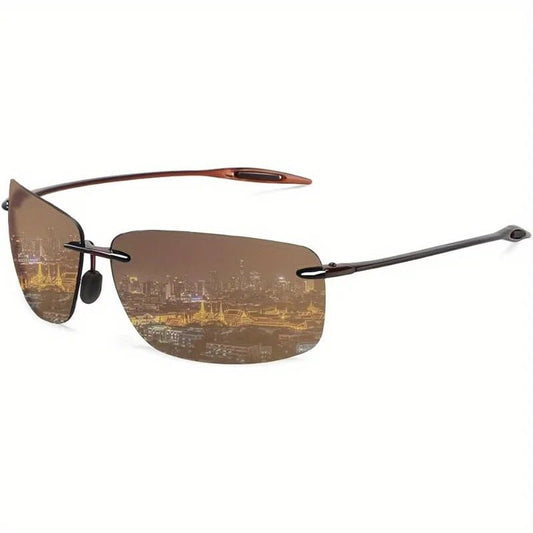 Mandotos International polarized sunglasses for men and women with rimless TR90 frame, lightweight, durable, ideal for sports and outdoor activities.