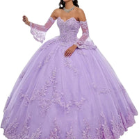 Lavender Quinceanera ball gown by POMUYOO, size 4, with intricate lace and tulle skirt, designed for elegant celebrations.