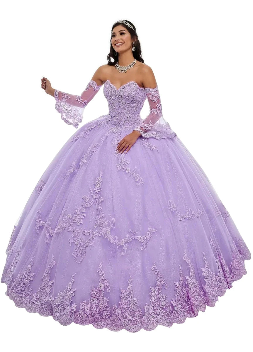 Lavender Quinceanera ball gown by POMUYOO, size 4, with intricate lace and tulle skirt, designed for elegant celebrations.