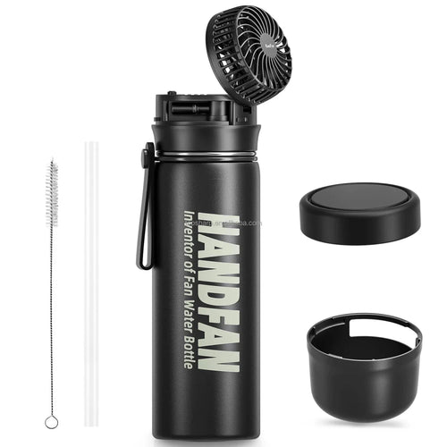 Portable 2-in-1 water bottle fan with three speed settings, ideal for outdoor travel by MANDOTOS INTERNATIONAL.