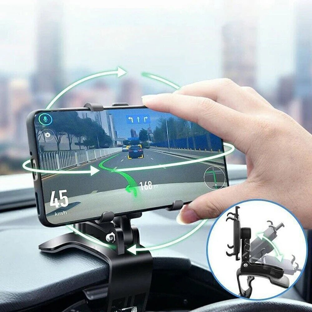 Mandotos portable car holder for iPhone, Samsung, Xiaomi, Redmi, Huawei, rotatable dashboard and sun visor mount, versatile and secure.