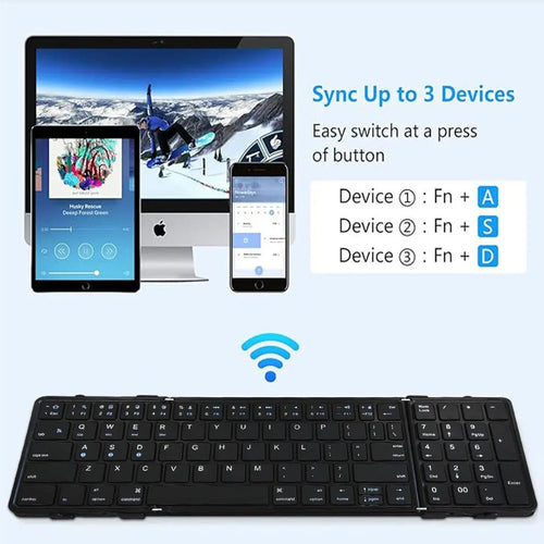 Mandotos International portable foldable wireless keyboard with numeric keypad, compact design for easy portability.