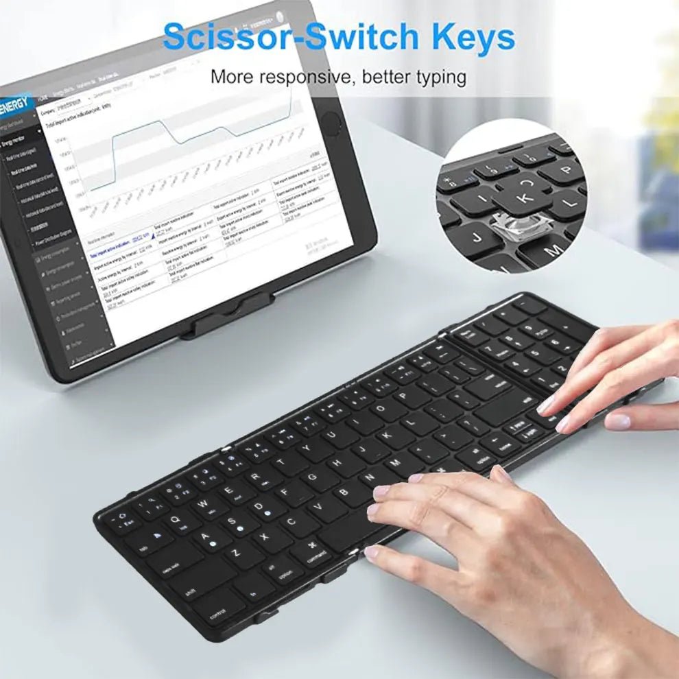 Portable foldable wireless keyboard with numeric keypad by MANDOTOS INTERNATIONAL, compact and lightweight for easy travel.