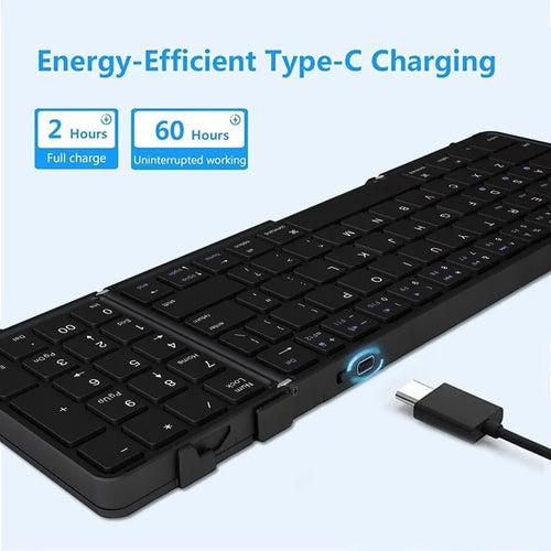 Portable foldable wireless keyboard with numeric keypad by MANDOTOS INTERNATIONAL, showing a compact design on a white background.
