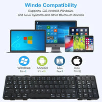 Mandotos International portable foldable wireless keyboard with numeric keypad, compact design for easy travel and use.