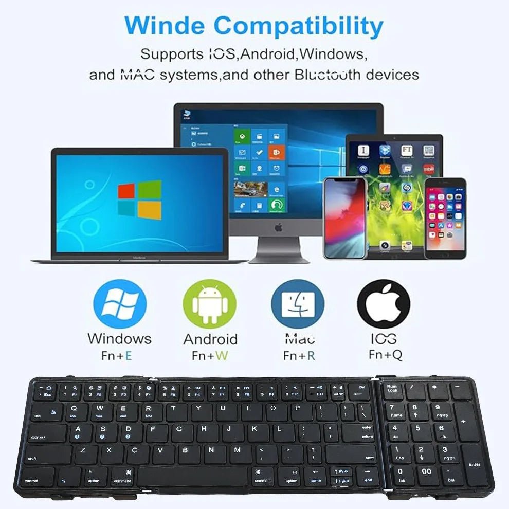 Mandotos International portable foldable wireless keyboard with numeric keypad, compact design for easy travel and use.