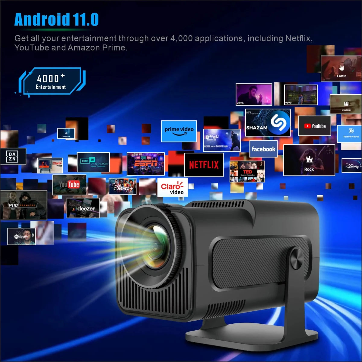 Portable MANDOTOS INTERNATIONAL Android Smart Projector HY320 with Full HD 4K resolution, compact design, and versatile viewing options.