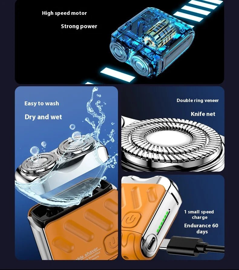 Mandotos International portable electric shaver for men, mini USB-powered razor for face, body, and bikini shaving.