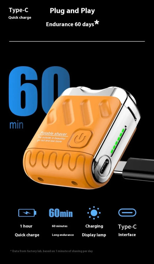 Mandotos International portable electric shaver for men, compact USB-powered razor for face, body, and bikini shaving.