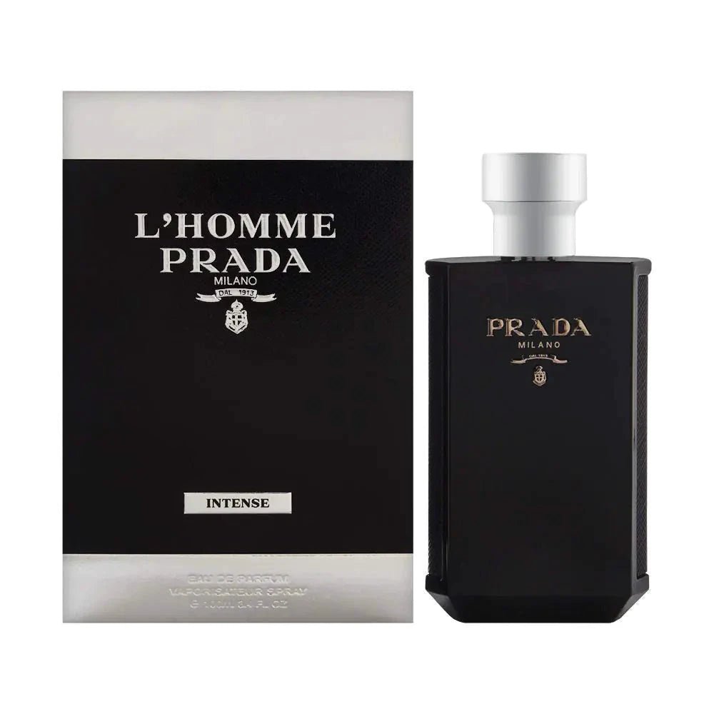 Mandotos International Prada LHomme Intense men's perfume bottle, 3.4 oz, with sleek design and elegant packaging.