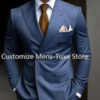 Premium brown men's bespoke double-breasted slim fit formal suit set by MANDOTOS INTERNATIONAL, shown on a mannequin.