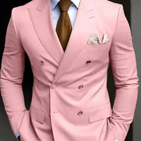 Premium brown men's bespoke double-breasted slim fit formal suit set by MANDOTOS INTERNATIONAL, displayed on a hanger.