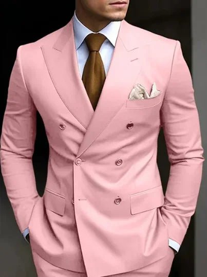 Premium brown men's bespoke double-breasted slim fit formal suit set by MANDOTOS INTERNATIONAL, displayed on a hanger.